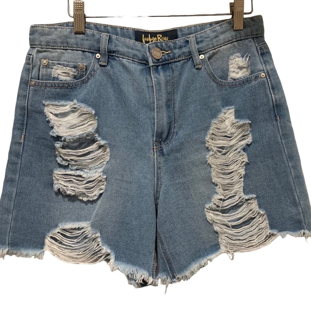 Indigo Rain Jean Shorts High Rise Cutoffs Distressed Juniors 7/27 - Picture 1 of 10